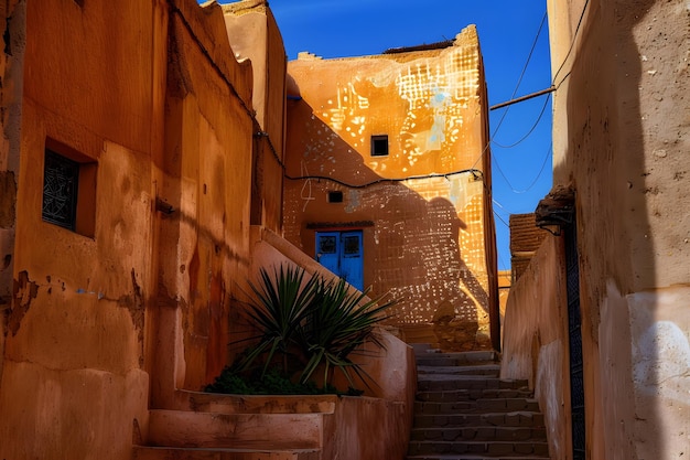 Photo un bâtiment avec une porte bleue et une plante au milieu