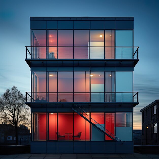 un bâtiment avec une porte rouge et une lumière rouge dessus