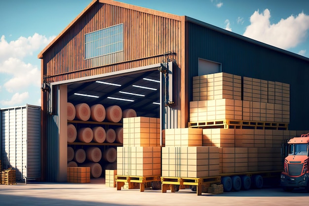 Bâtiment pour le stockage et l'emballage de l'entrepôt de marchandises créé avec l'IA générative