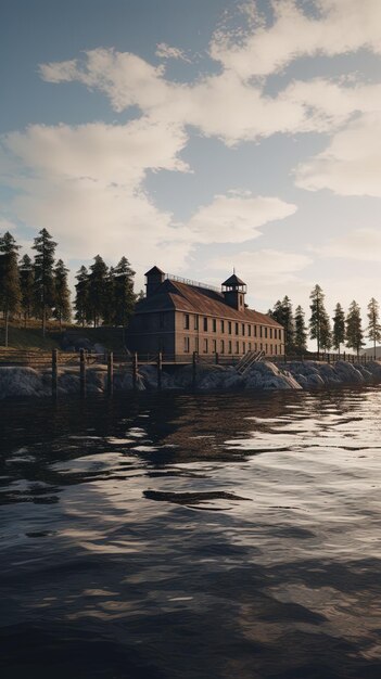 Photo un bâtiment près de l'eau avec des arbres en arrière-plan