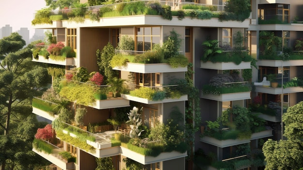Un bâtiment qui introduit des espaces verts dans l'environnement urbain Généré par l'IA