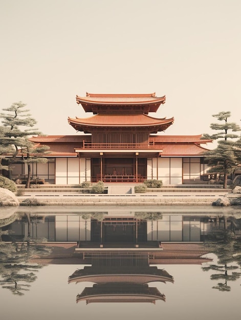 un bâtiment avec le reflet d'un bâtiment dans l'eau.