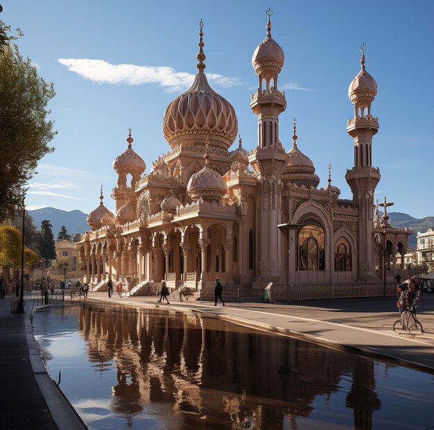 un bâtiment avec le reflet d'une mosquée dans l'eau.