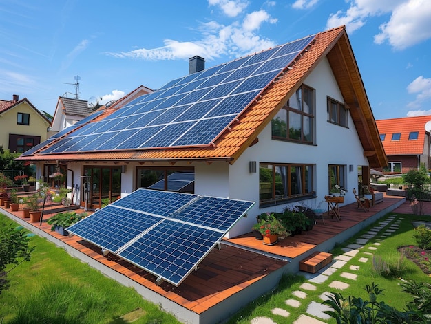 Photo bâtiment résidentiel sur la rue européenne avec des panneaux solaires installés sur le toit d'été