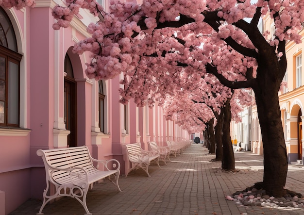 un bâtiment rose avec un banc blanc en dessous