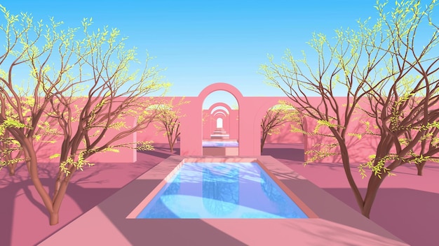 Un bâtiment rose avec une piscine au milieu.