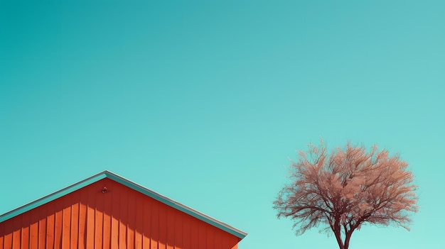 un bâtiment rouge avec un arbre devant lui