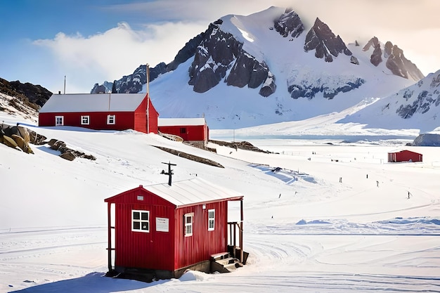 Photo un bâtiment rouge avec un toit couvert de neige et une montagne couverte de neige en arrière-plan.