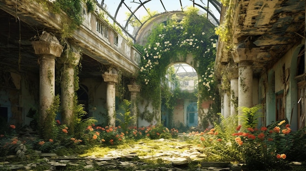 Un bâtiment en ruine avec un jardin au milieu et une grande arche sur laquelle poussent des fleurs.