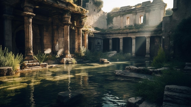 Un bâtiment en ruine avec une piscine au milieu et un arbre vert au milieu.