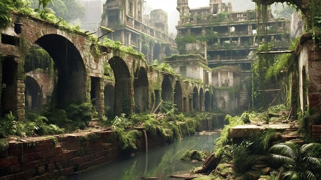 Un bâtiment en ruine traversé par une rivière.