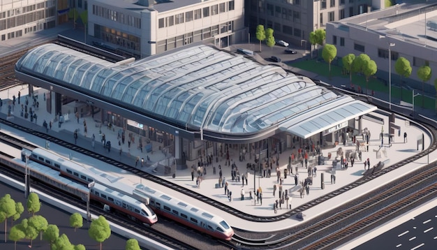 Photo bâtiment de station de métro isométrique avec des trains et des gens illustrateur vectoriel