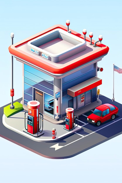 Bâtiment de station-service isométrique avec ravitaillement en carburant avec illustration de concept d'essence pour