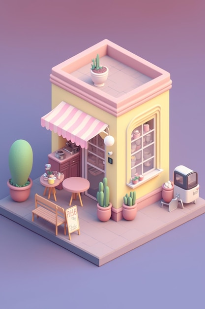 Un bâtiment de style dessin animé avec un auvent rose qui dit café.