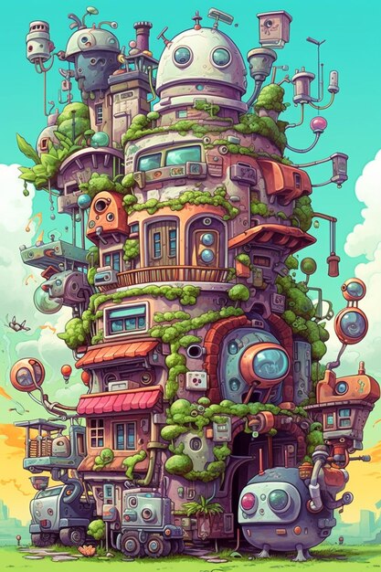 Un bâtiment de style dessin animé avec beaucoup de plantes dessus.