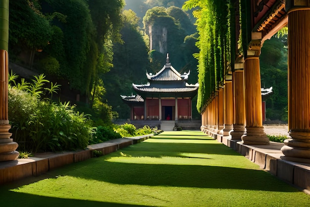 Un bâtiment avec un toit vert et une pagode en arrière-plan