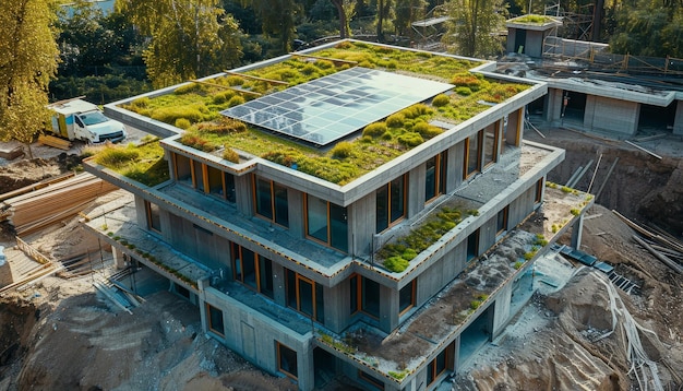 Photo un bâtiment avec un toit vert et des panneaux solaires par une image générée par ai