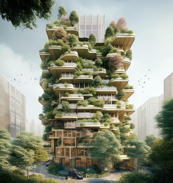 un bâtiment avec un toit vert a une plante verte dessus.