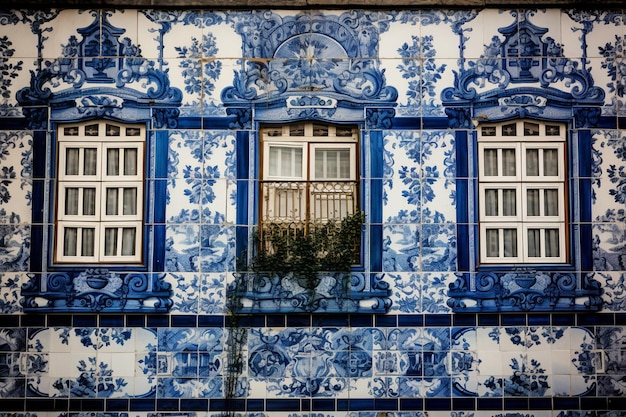 Photo un bâtiment avec des tuiles bleues et blanches et une fenêtre avec les mots 