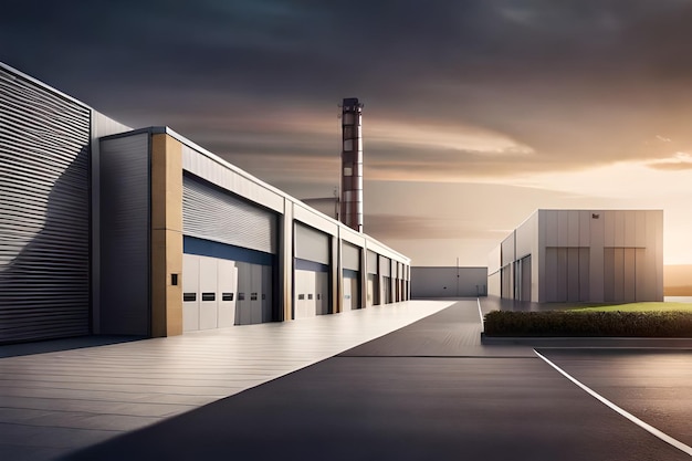 un bâtiment d'usine avec une grande cheminée industrielle en arrière-plan.