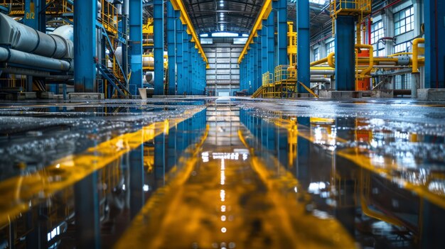 Un bâtiment d'usine vide avec des lignes jaunes sur le sol humide