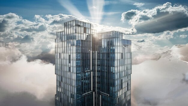 Bâtiment en verre à angle bas avec des nuages