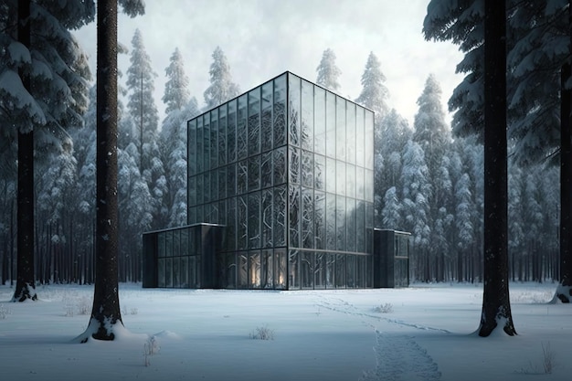 Bâtiment de verre au milieu d'une forêt enneigée