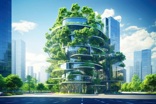 Bâtiment en verre couvert d'arbres verts de style de vie urbain durable