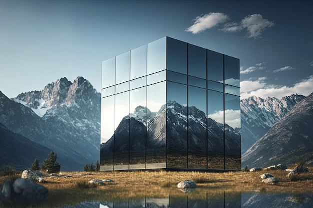 Bâtiment en verre entouré d'une beauté naturelle avec des montagnes et un ciel bleu en arrière-plan