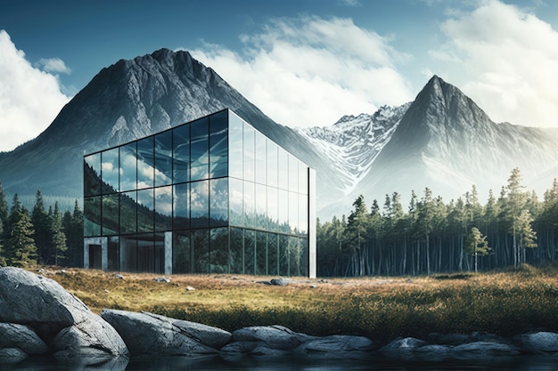 Bâtiment en verre entouré d'une beauté naturelle avec des montagnes et un ciel bleu en arrière-plan