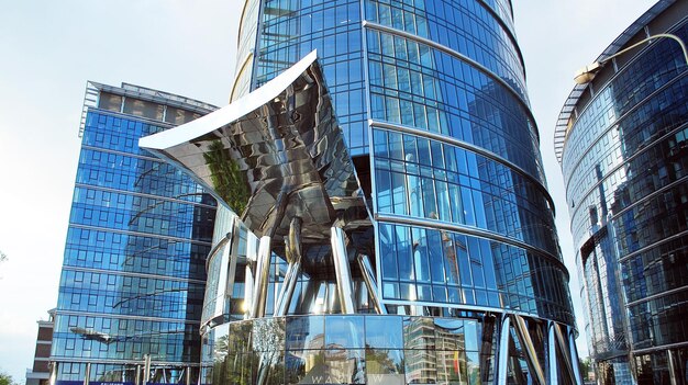 Bâtiment en verre avec façade transparente du bâtiment et ciel bleu