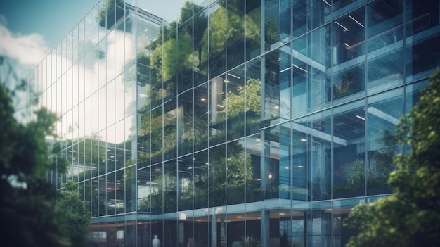 Un bâtiment en verre avec une façade verte et un bâtiment avec des arbres à l'extérieur.