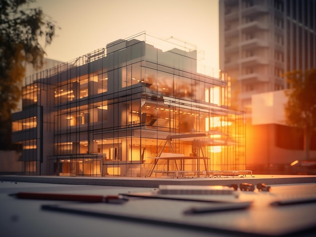 Bâtiment en verre avec une lumière jaune derrière