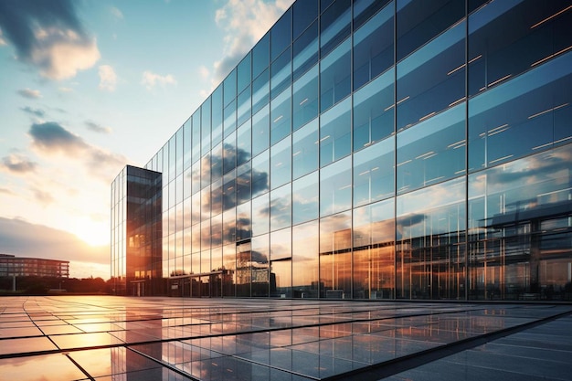 un bâtiment de verre avec le soleil se couchant derrière lui.