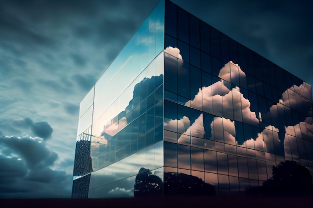 Bâtiment en verre sous ciel bleu et nuages blancs Generative AIxA