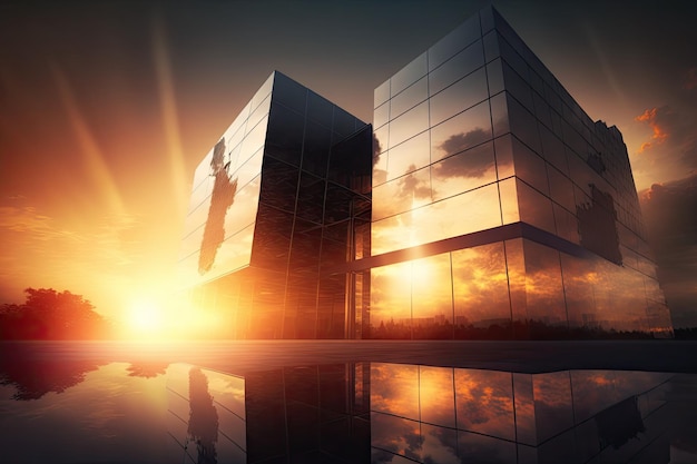 Bâtiment en verre avec vue sur le coucher de soleil à l'horizon projetant une lueur chaleureuse dans le ciel