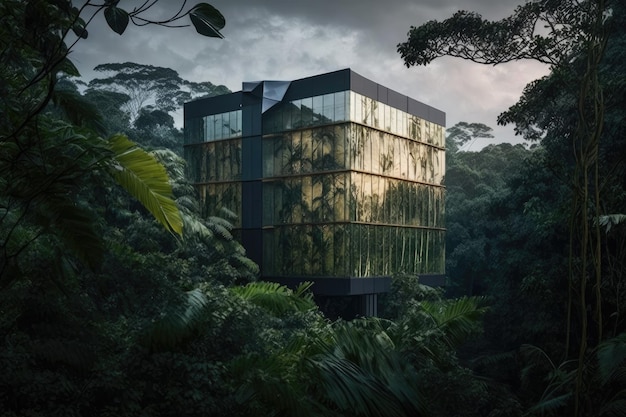 Bâtiment en verre avec vue sur la forêt tropicale luxuriante et les arbres imposants