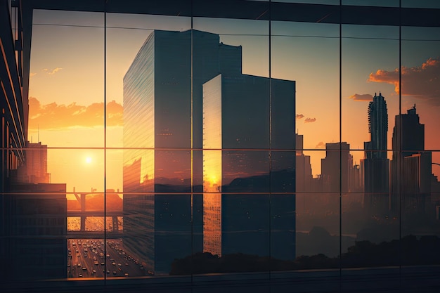 Bâtiment en verre avec vue sur le paysage urbain animé au coucher du soleil