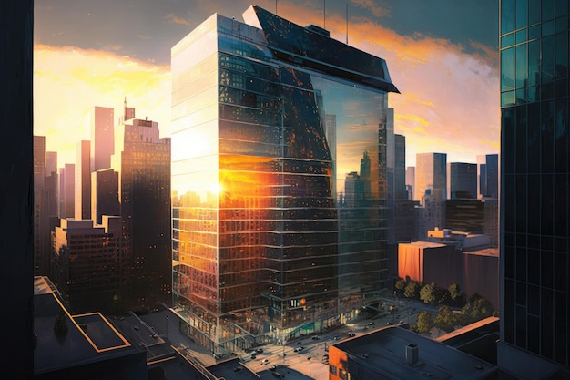 Bâtiment en verre avec vue sur le paysage urbain animé au coucher du soleil