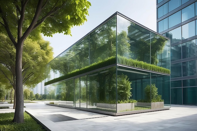 Bâtiment vert durable Bâtiment écologique Bâtiment de bureau en verre durable avec arbre pour réduire le dioxyde de carbone Bureau avec environnement vert Bâtiment d'entreprise pour réduire le CO2 Verre de sécurité