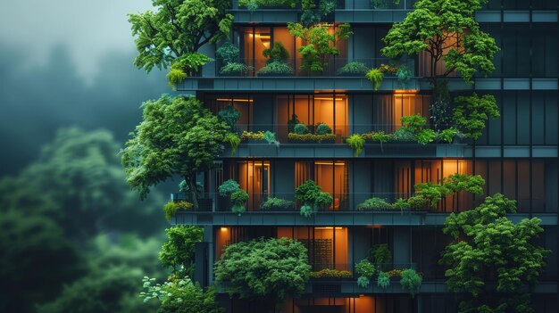 Un bâtiment vert et écologique avec jardin vertical dans une ville moderne Une forêt d'arbres verts sur un bâtiment en verre durable Un immeuble de bureaux avec un environnement vert