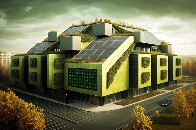 Bâtiment vert avec jardin sur le toit et panneaux solaires créés avec l'IA générative