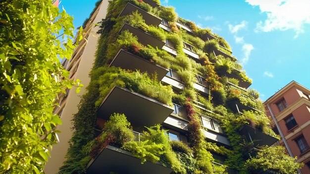 Photo un bâtiment vert avec des plantes sur le côté