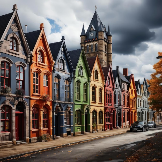 Des bâtiments colorés dans une atmosphère gothique avec un ciel impressionnant