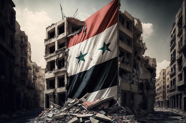 Bâtiments détruits en ruine avec le drapeau de la Syrie dessus après le tremblement de terre ou la guerre