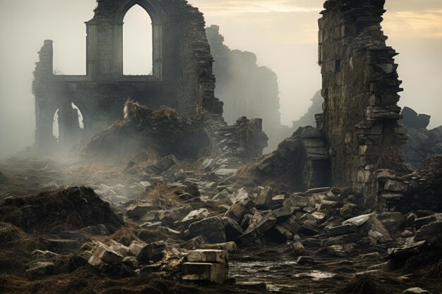 Des bâtiments en ruine générent du brouillard.