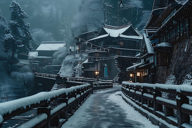 Photo des bâtiments sombres contre la neige