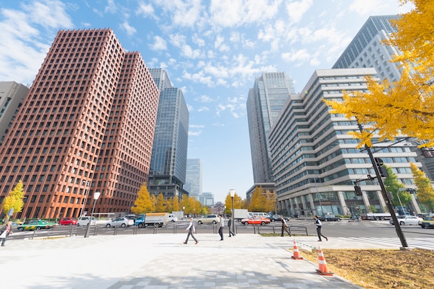 Bâtiments à Tokyo avec des feuilles d'automne