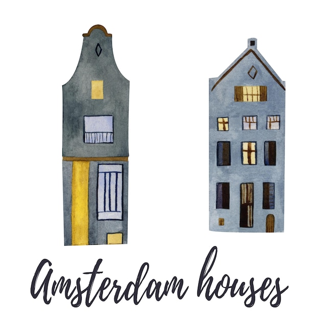 Bâtiments traditionnels hollandais avec de la lumière dans les fenêtres Illustration peinte à la main à l'aquarelle isolée