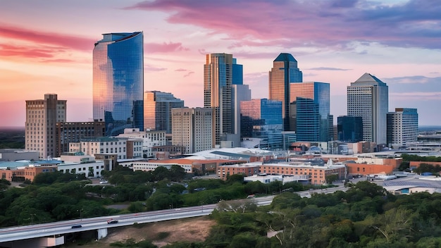 Des bâtiments verticalement abattus dans le centre-ville d'Austin et un grand bâtiment en verre au Texas, aux États-Unis.